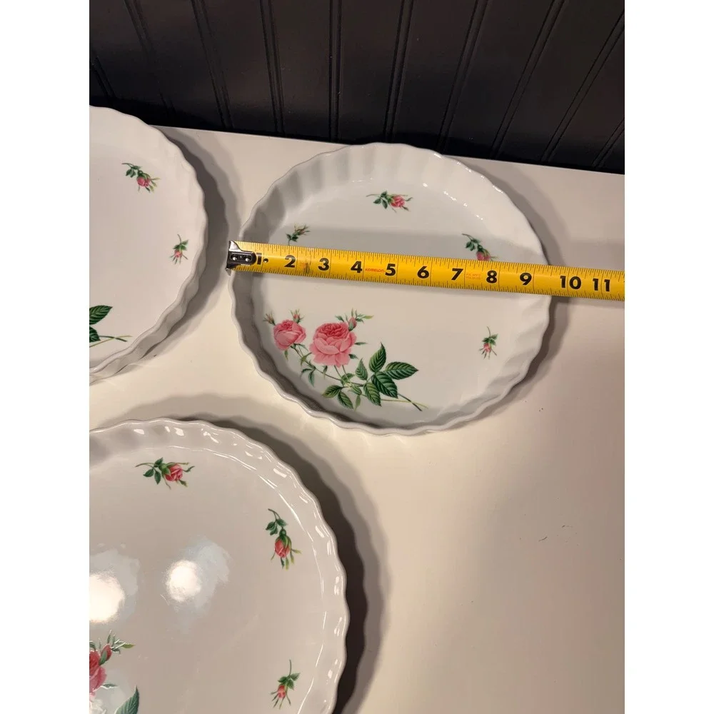 Set of 3 Christineholm Rose Floral Porcelain Quiche Tart Pans 9.5 Inch Fluted